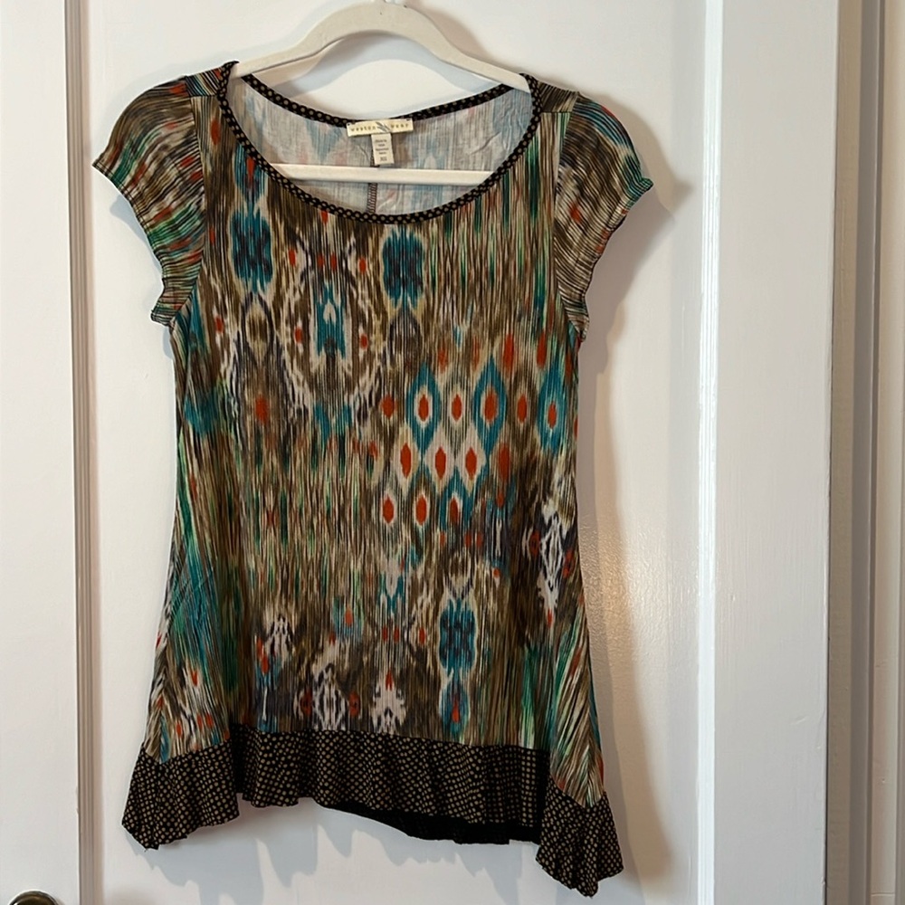 Weston Wear colorful tee with polkadot trim.